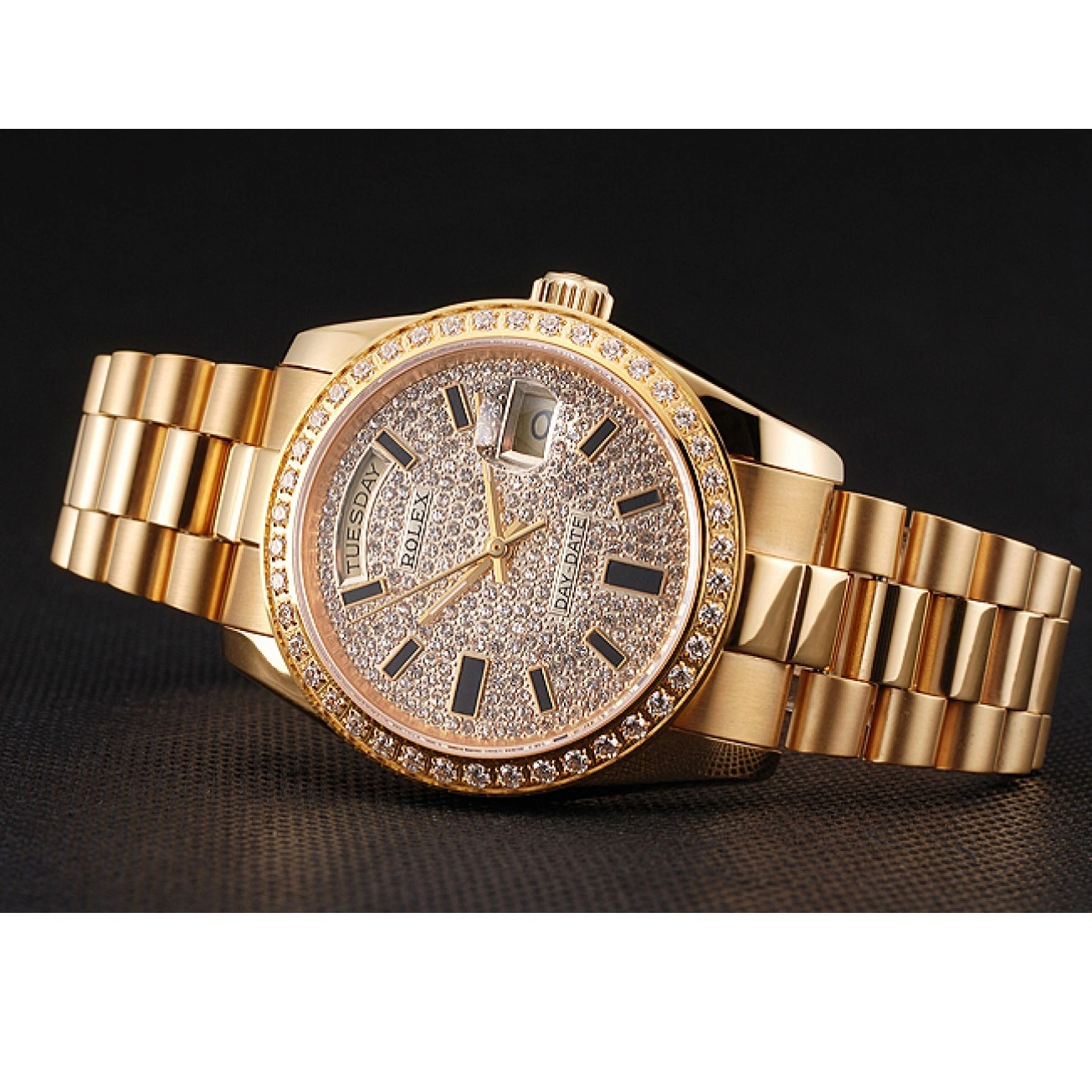 MiroTime 0811 Swiss Rolex Day Date Diamond Pave Dial And Bezel Gold Case And Bracelet